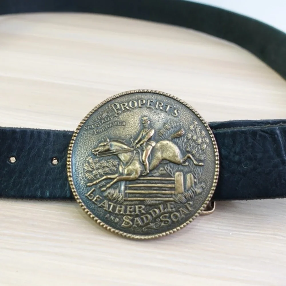 VTG Western Heavy Rodeo Belt Mens 46 Black PROPERTS LEATHER SADDLE‎ SOAP Buckle